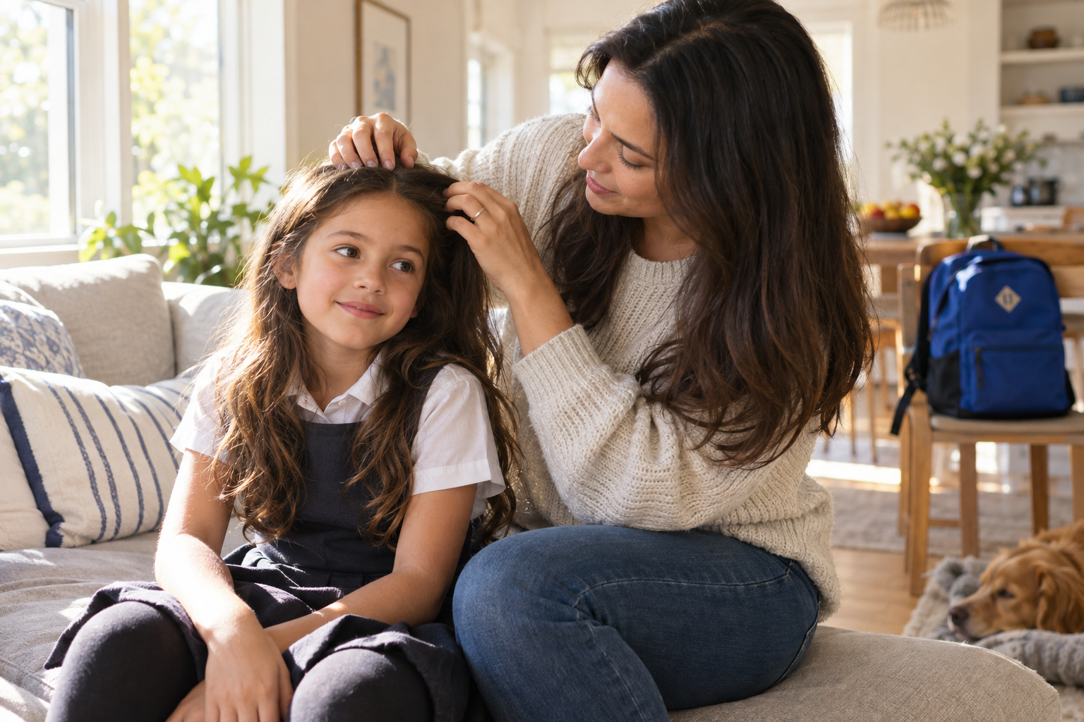 Illustrative scene of a mother calmly checking her daughter’s hair at home